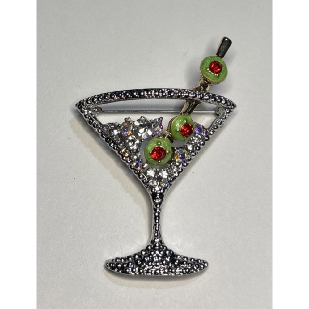 Martini Glass Brooch Rhinestone Cocktail Olive Silver Tone Barware Pin 2"